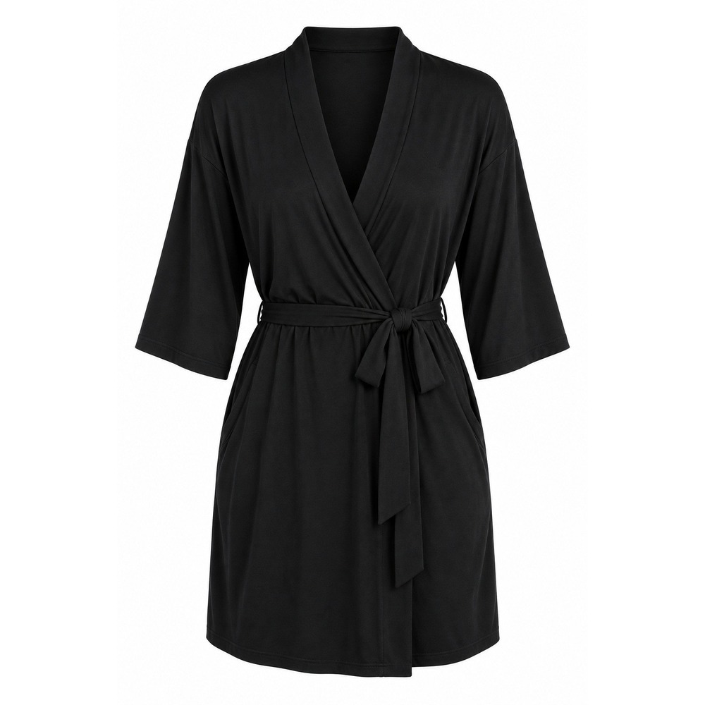 Women's Black Wrap Robe with Tie Waist, 3/4 Sleeves & Pockets